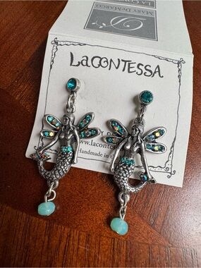 La Contessa by Mary DeMarco Mermaid Wings Rhinestone Gem Silver Earrings NWT